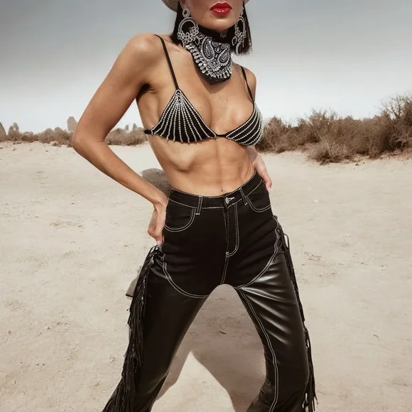 Western cowgirl chaps jeans, fringe denim, festival fringe pants - Picture 10 of 10